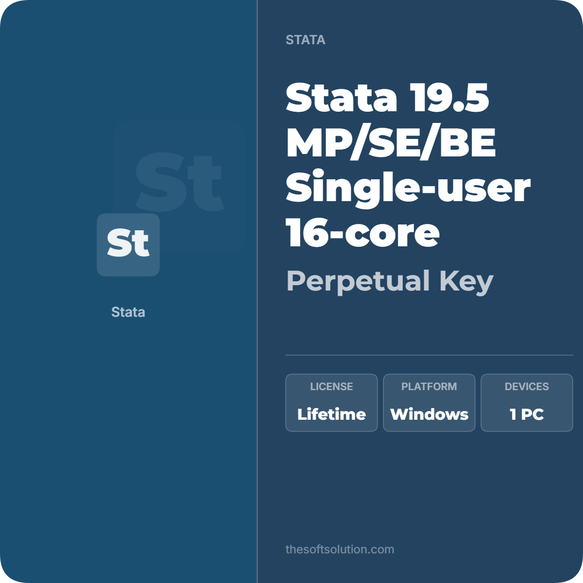 STATA 19.5 MP/SE/BE SINGLE-USER 16-CORE PERPETUAL KEY FOR WINDOWS 1 STATA 19.5 MP/SE/BE SINGLE-USER 16-CORE PERPETUAL KEY FOR WINDOWS
