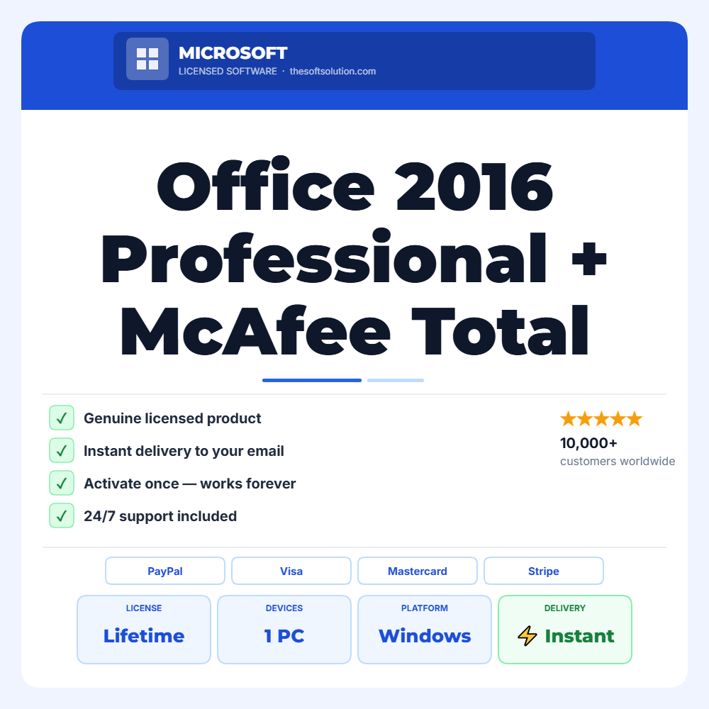 Buy Office 2016 Professional + McAfee Total Protection Bundle – Lifetime License | Antivirus + Office Suite – Genuine License