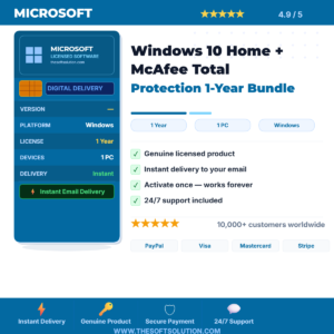 Buy Windows 10 Home + McAfee Total Protection 1-Year | 1 Device – Genuine License Key – TheSoftSolution