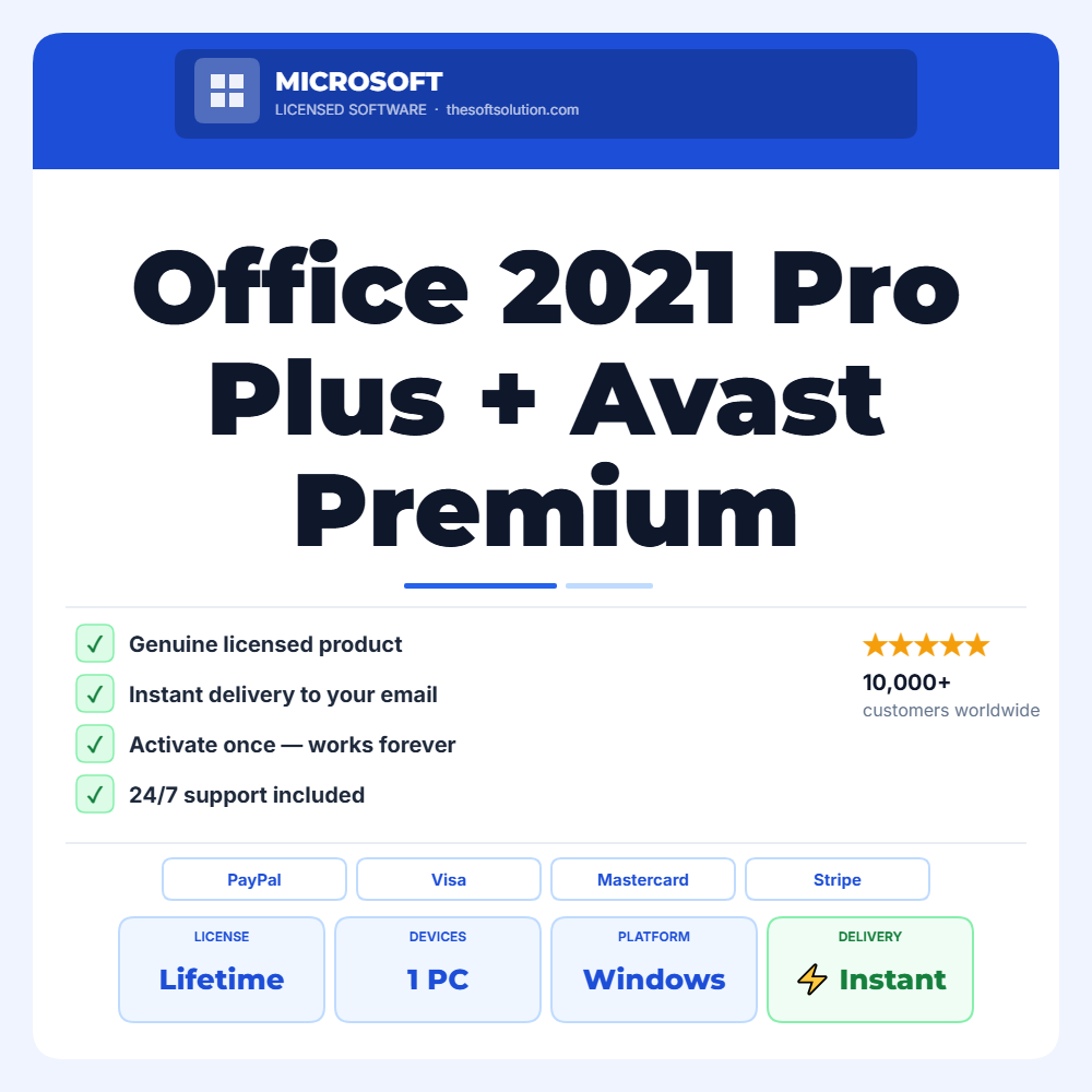 Buy Office 2021 Pro Plus + Avast Premium Security - Bundle – Genuine License | The Soft Solution