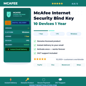 Buy McAfee Internet Security Bind Key 10 Devices 1 Year – Genuine License | The Soft Solution