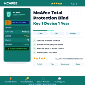 Buy McAfee Total Protection Bind Key 1 Device 1 Year – Genuine License | The Soft Solution