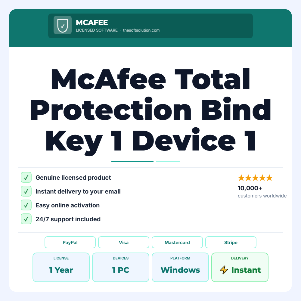 Buy McAfee Total Protection Bind Key 1 Device 1 Year – Genuine License | The Soft Solution