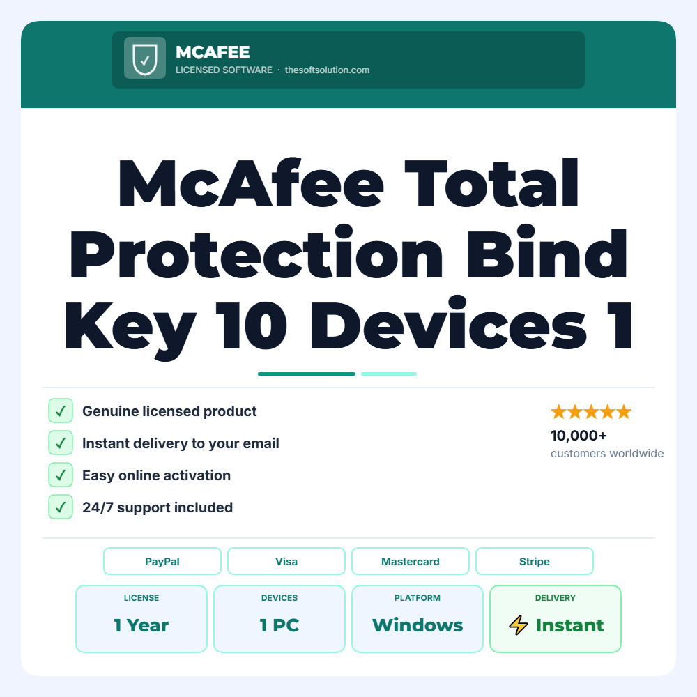 Buy McAfee Total Protection Bind Key 10 Devices 1 Year – Genuine License | The Soft Solution