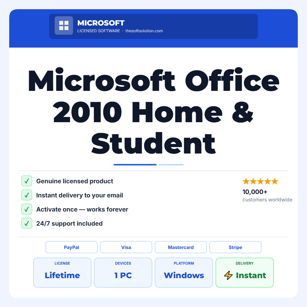 Buy Microsoft Office 2010 Home & Student – Windows – Genuine License | The Soft Solution