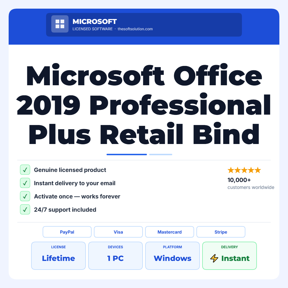 Buy Microsoft Office 2019 Professional Plus Retail Bind Key 1 PC – Genuine License | The Soft Solution