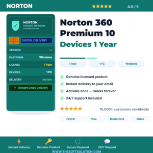 Buy Norton 360 Premium 10 Devices 1 Year – Genuine License Key – TheSoftSolution