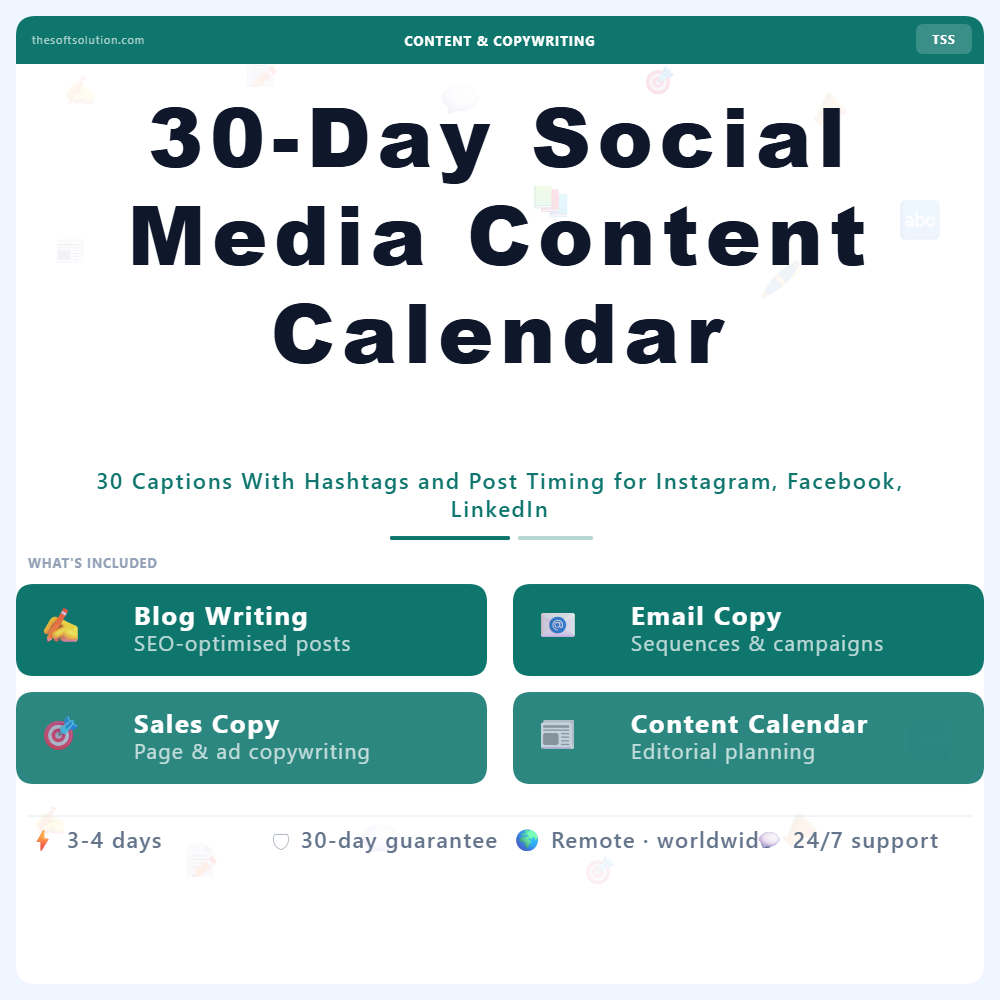 30-Day Social Media Content Calendar – Professional Digital Service | The Soft Solution