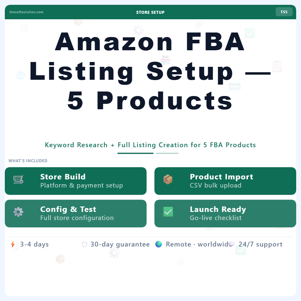 AMAZON FBA LISTING SETUP — 5 PRODUCTS 1 AMAZON FBA LISTING SETUP — 5 PRODUCTS – PROFESSIONAL DIGITAL SERVICE | THE SOFT SOLUTION
