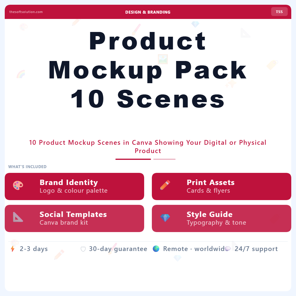 Product Mockup Pack 10 Scenes – Professional Digital Service | The Soft Solution