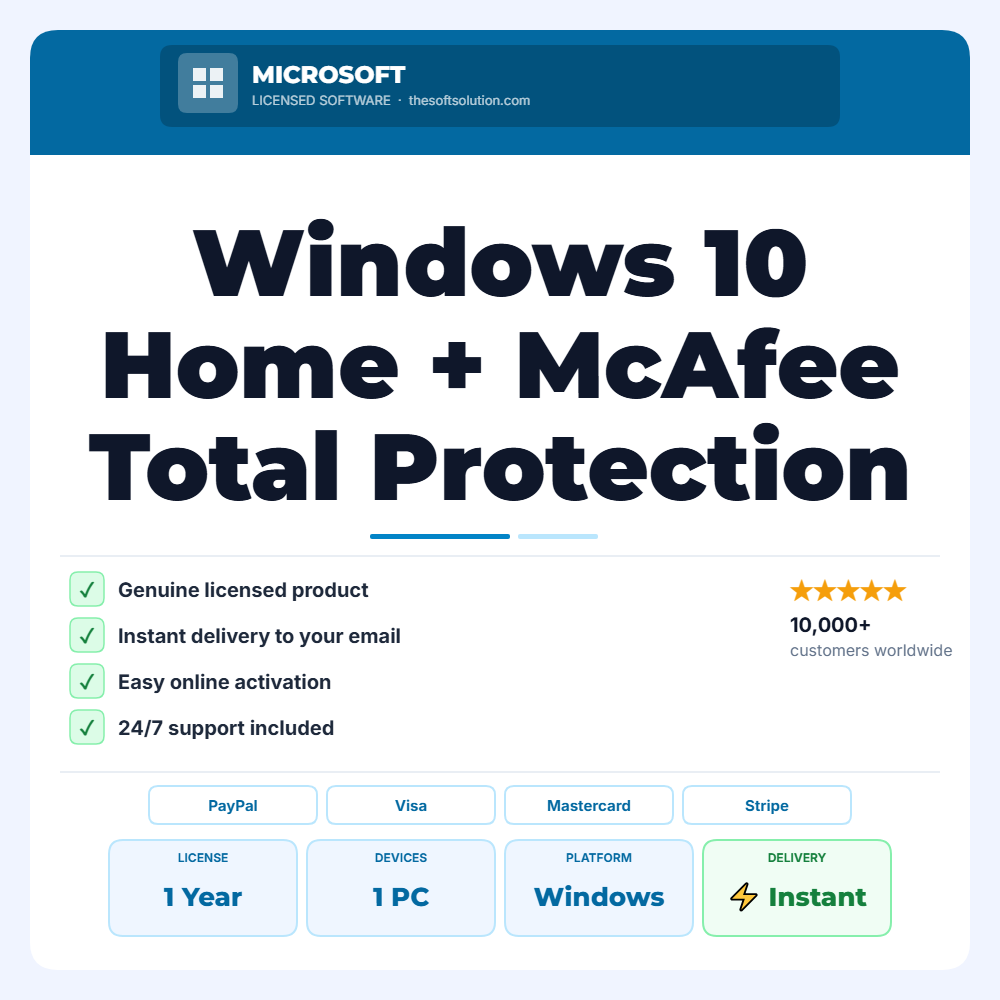 Buy Windows 10 Home + McAfee Total Protection Bundle | 1 Device 1 Year – Genuine License | The Soft Solution