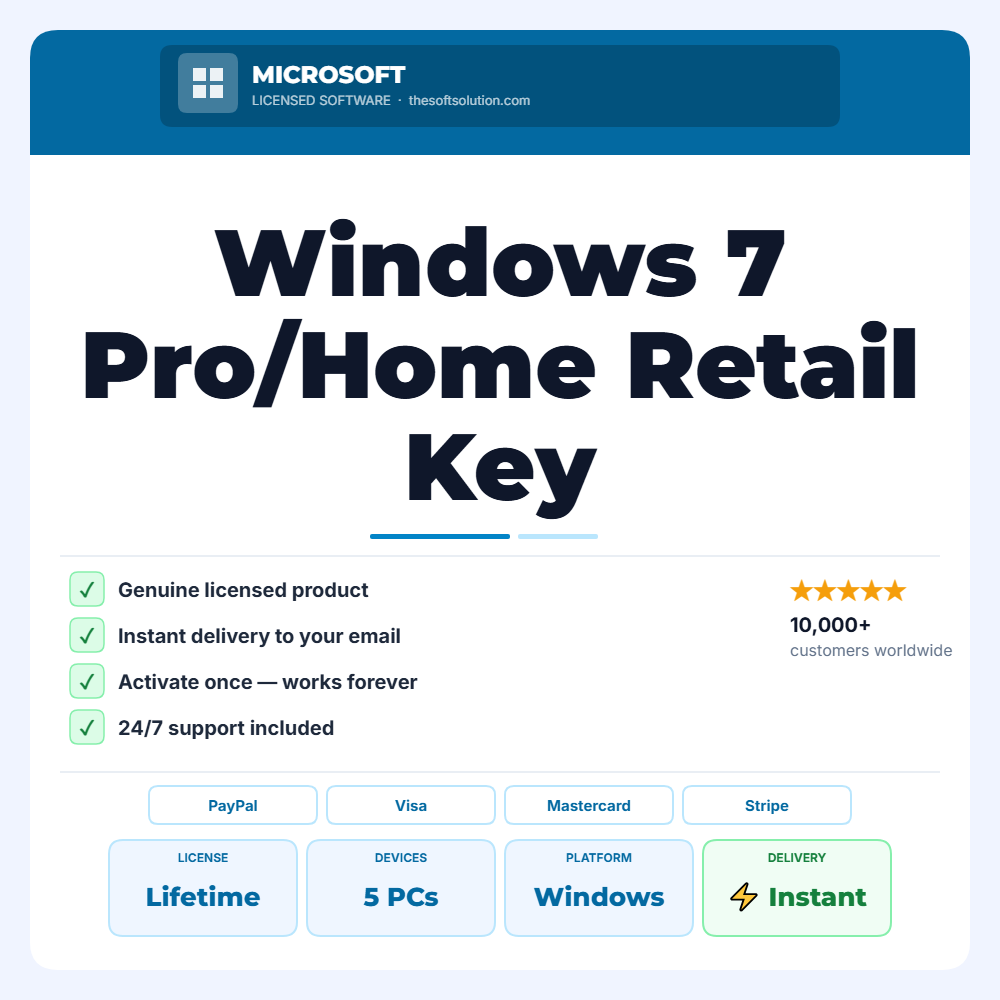 Buy Windows 7 Pro/Home Retail Key 5 PC – Genuine License | The Soft Solution