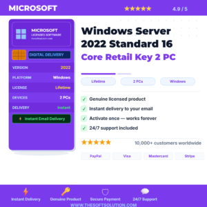 Buy Windows Server 2022 Standard 16 Core Retail Key 2 PC – Genuine License | The Soft Solution